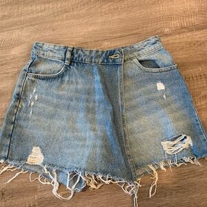 Zara distressed denim faux wrap skort
